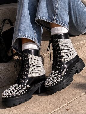 AZALEA WANG Twinkley Pearl Embellished Combat Bootie Sz 7 Black NWOB